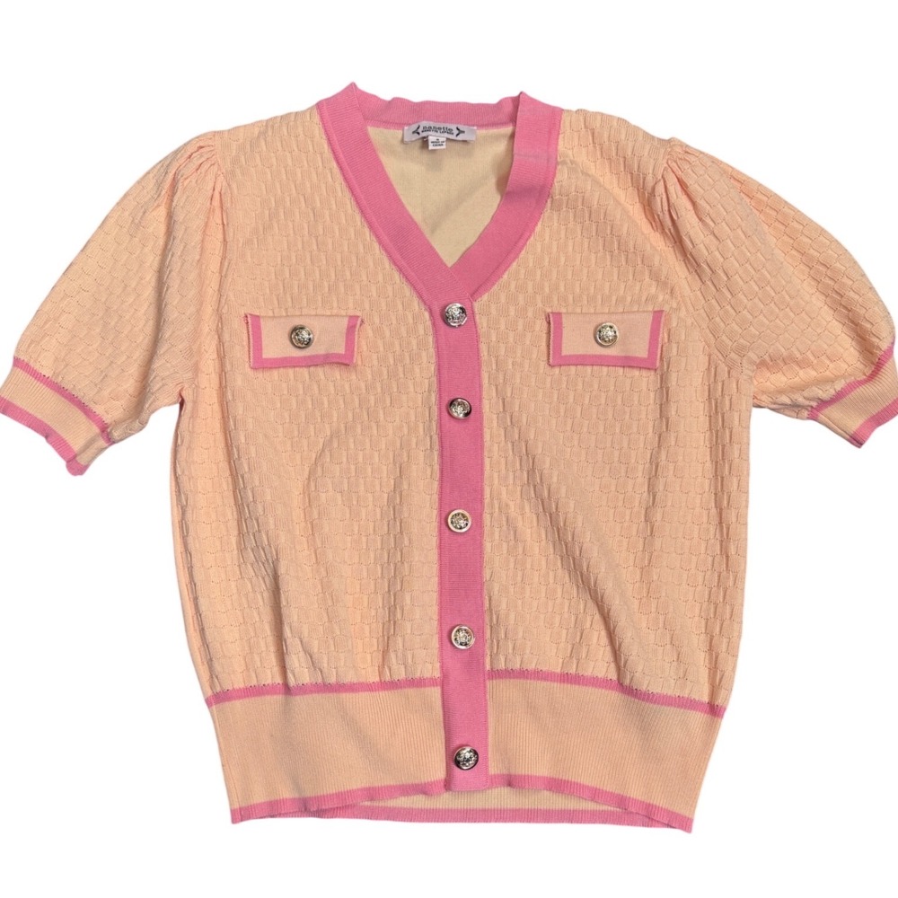Nanette Lepore Peach Pink Knit Cardigan Short‎ Sleeve Preppy Work Office Chic S - Picture 2 of 10